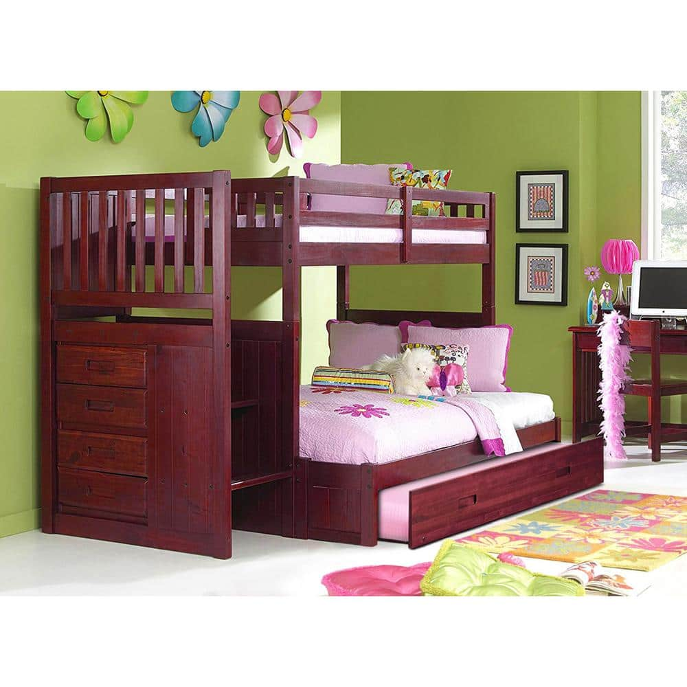 Rich Merlot Twin Over Full Staircase Bunkbed with 4-Drawers and a Trundle -  American Furniture Classics, 82817TFTRU-22