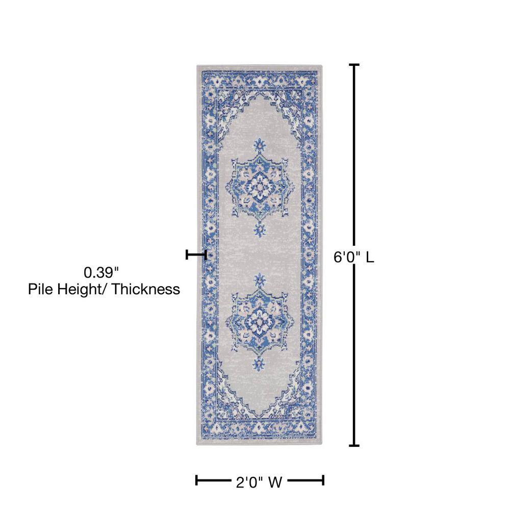 Grey Blue Floral Synthetic Runner Rug 2' x 6'
