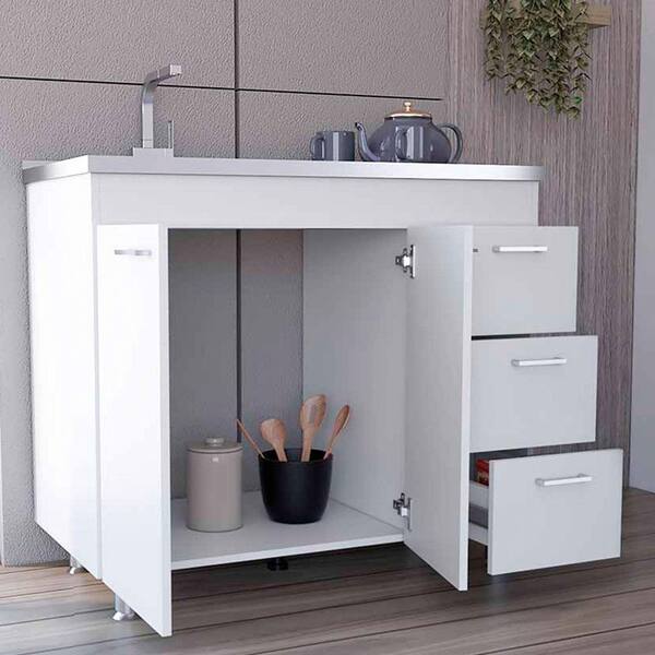 Aoibox 39 in. W x 29.7 in. D x 35.4 in. H Ready to Assemble Kitchen Base Cabinet in White with 3-Drawer,Double Door&4-Legs