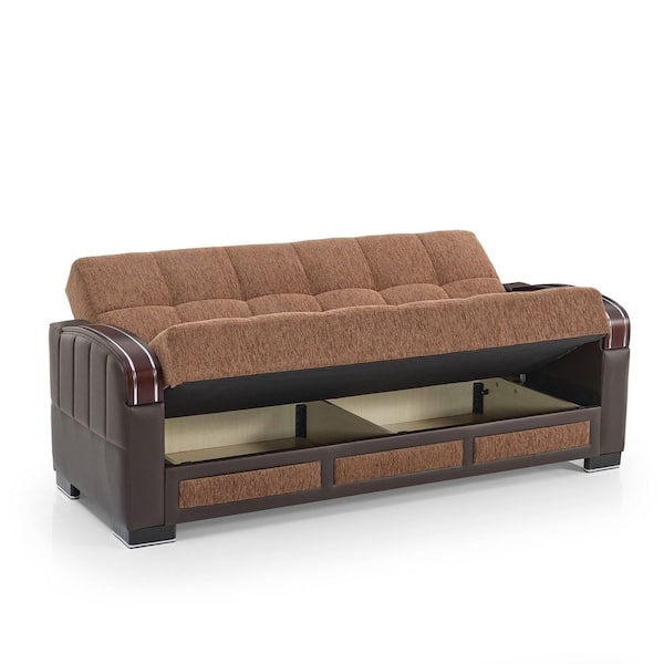 Maya Collection Convertible 87 in. Brown Chenille 3-Seater Twin Sleeper Sofa Bed with Storage