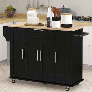 Rolling Black Rubberwood Tabletop 49 in. Kitchen Island with Adjustable Shelves