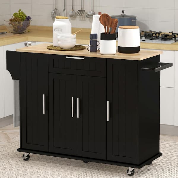 FAMYYT Rolling Black Rubberwood Tabletop 49 in. Kitchen Island with Adjustable Shelves