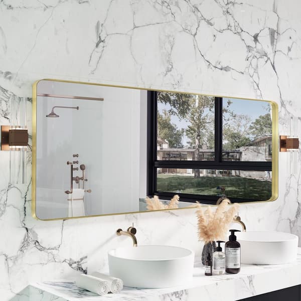 84 in. W x 32 in. H Premium Aluminum Framed Rectangular Bathroom Vanity Wall Mirror in Gold