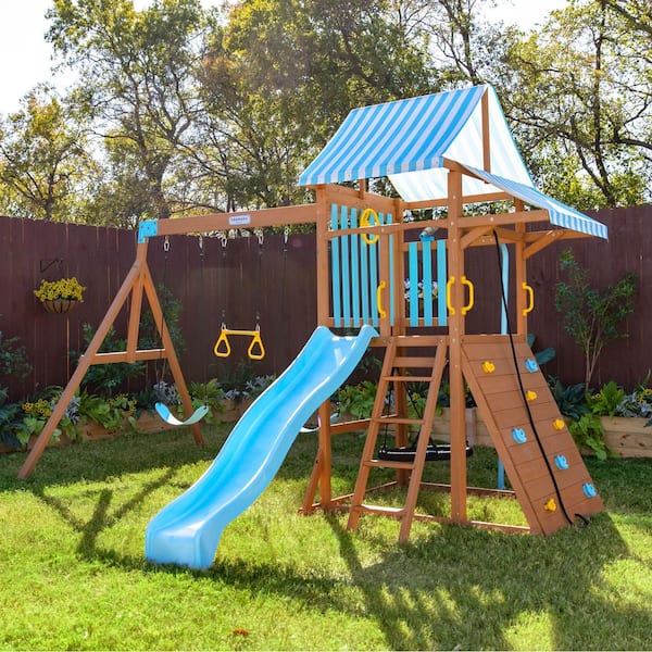 Teamson Kids Laguna Wooden Playset with Belt and Web Swing Slide