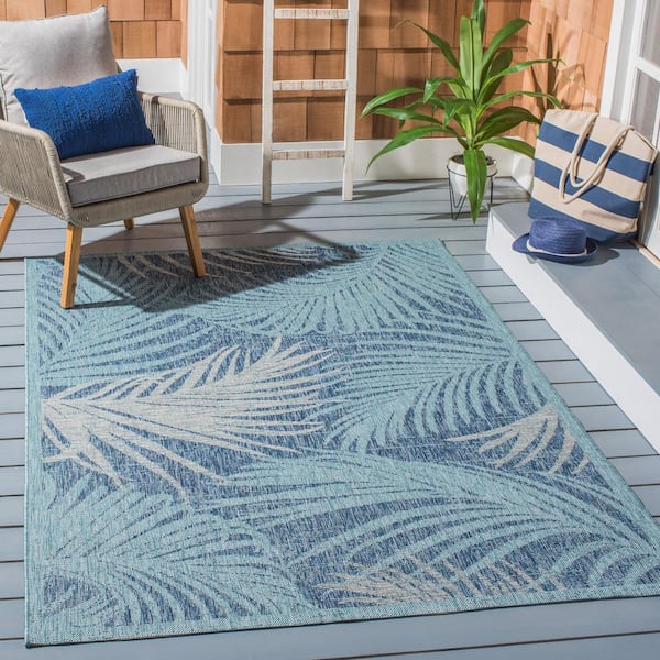 Courtyard Aqua/Navy 5 ft. x 8 ft. Border Leaf Abstract Indoor/Outdoor Patio  Area Rug
