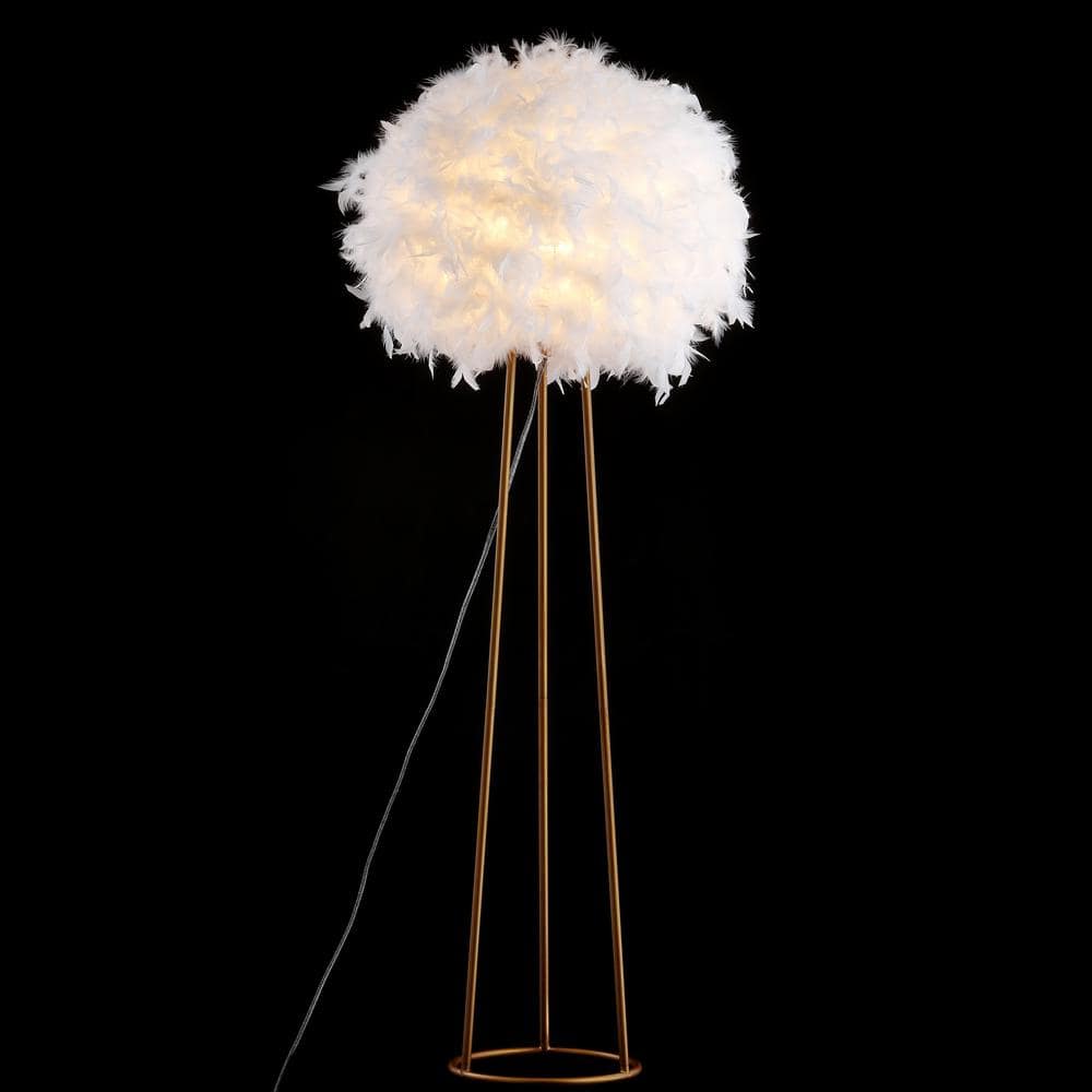 Glam 52" Arc White Feather Globe Shade Floor Lamp in Gold