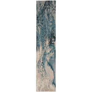 Maxell Ivory/Teal 2 ft. x 10 ft. Abstract Contemporary Kitchen Runner Area Rug