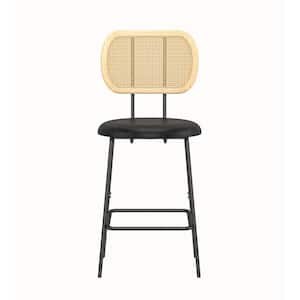 Wood Outdoor Bar Stool Rattan Bar Chair Set with Cushion, Black, 2-Piece