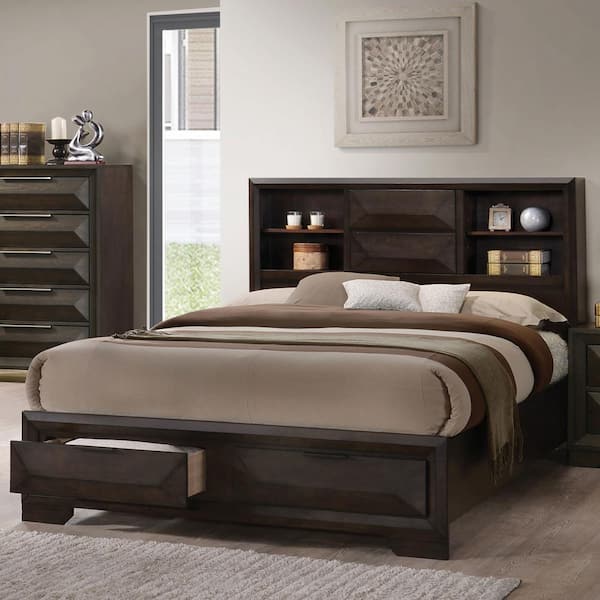 Furniture of America Pinnete Brown Wood Frame King Platform Bed with Bookcase Headboard and 2 Drawers on Footboard