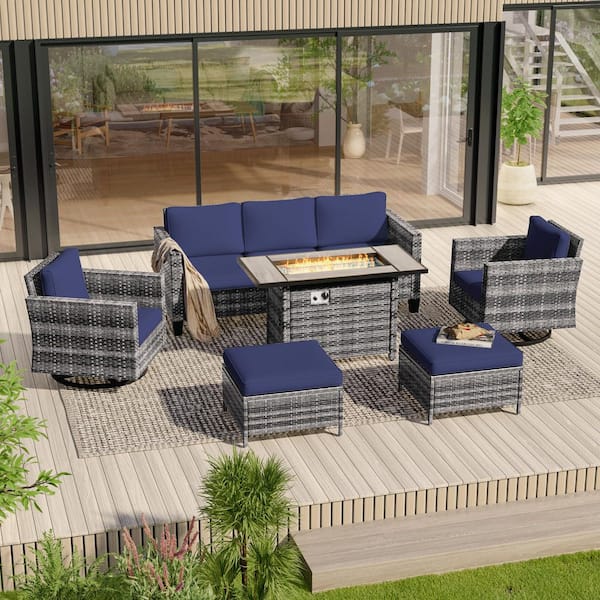 6-Pieces Patio Conversation Set with Rectangle Fire Pit Table and Swivel Rocking Chairs, Gray Wicker Navy Blue Cushion