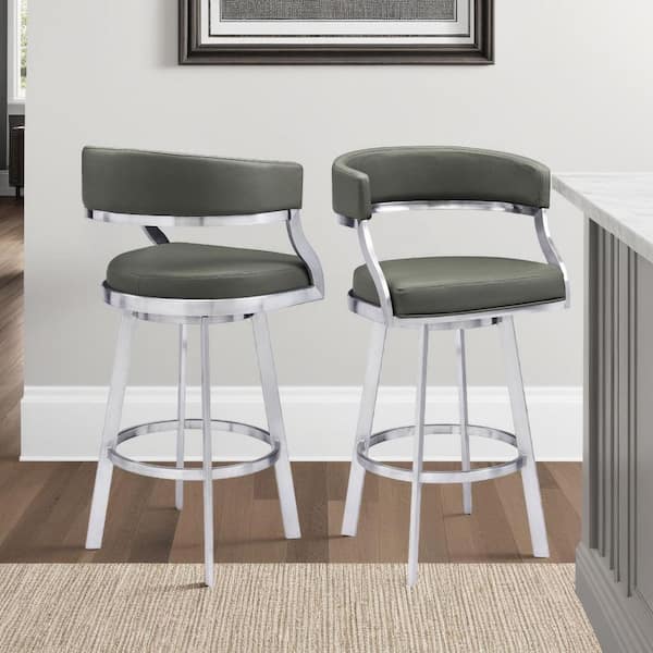Armen Living Dione 38-42 in. Grey/Brushed Stainless Steel Metal 26 in. Bar Stool with Faux Leather Seat