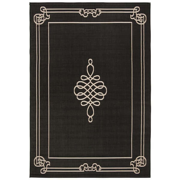Courtyard 6 x 8 Black/Creme Scroll Area Rug