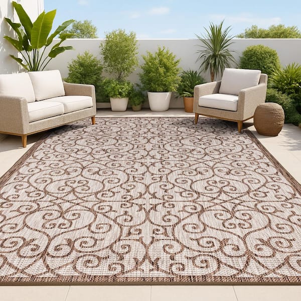 Madrid Vintage Filigree Textured Weave Taupe/Espresso 9 ft. x 12 ft. Indoor/Outdoor Area Rug