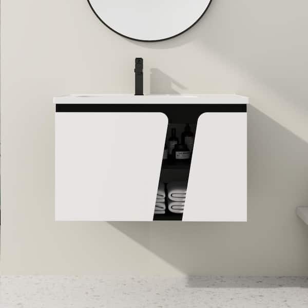FAMYYT 32 in. W x 19.9 in. D x 20.1 in. H Single Sink Floating Bath Vanity in White with White Ceramic Top