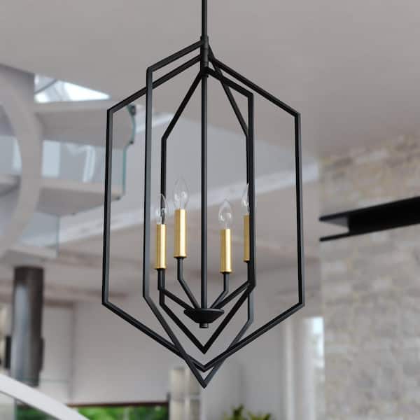VAXCEL Riley 4 Light Black and Satin Brass Contemporary Geometric Cage Pendant Light P0388