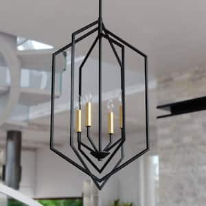 Riley 4 Light Black and Satin Brass Contemporary Geometric Cage Pendant Light