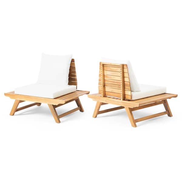 Noble House Sedona Teak Brown Removable Cushions Wood Outdoor Patio Lounge Chair with White Cushions (2-Pack)