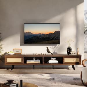 70 in. Mid-century TV Stand Fits TV up to 75 in. with LED Light Rattan Sliding Door and Open Shelves Storage Walnut