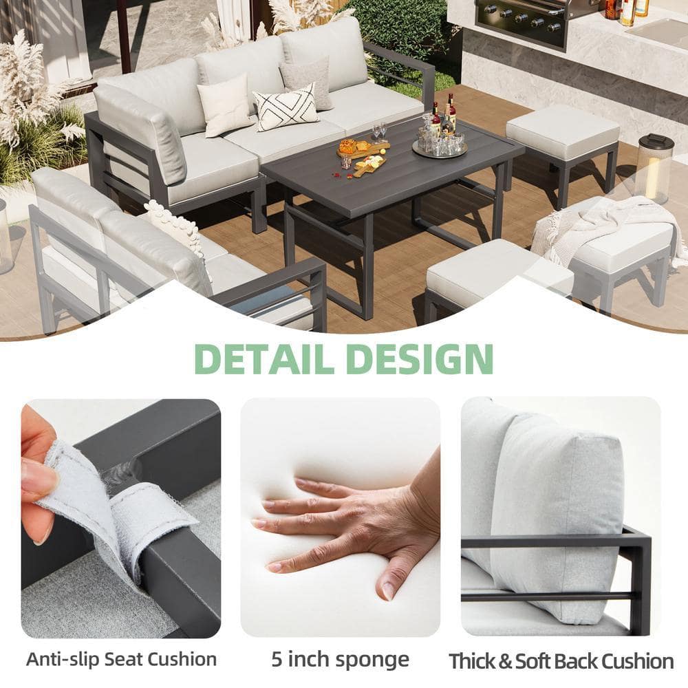Tenleaf 7-Piece Metal Patio Conversation Set with Gray Cushions, Height ...