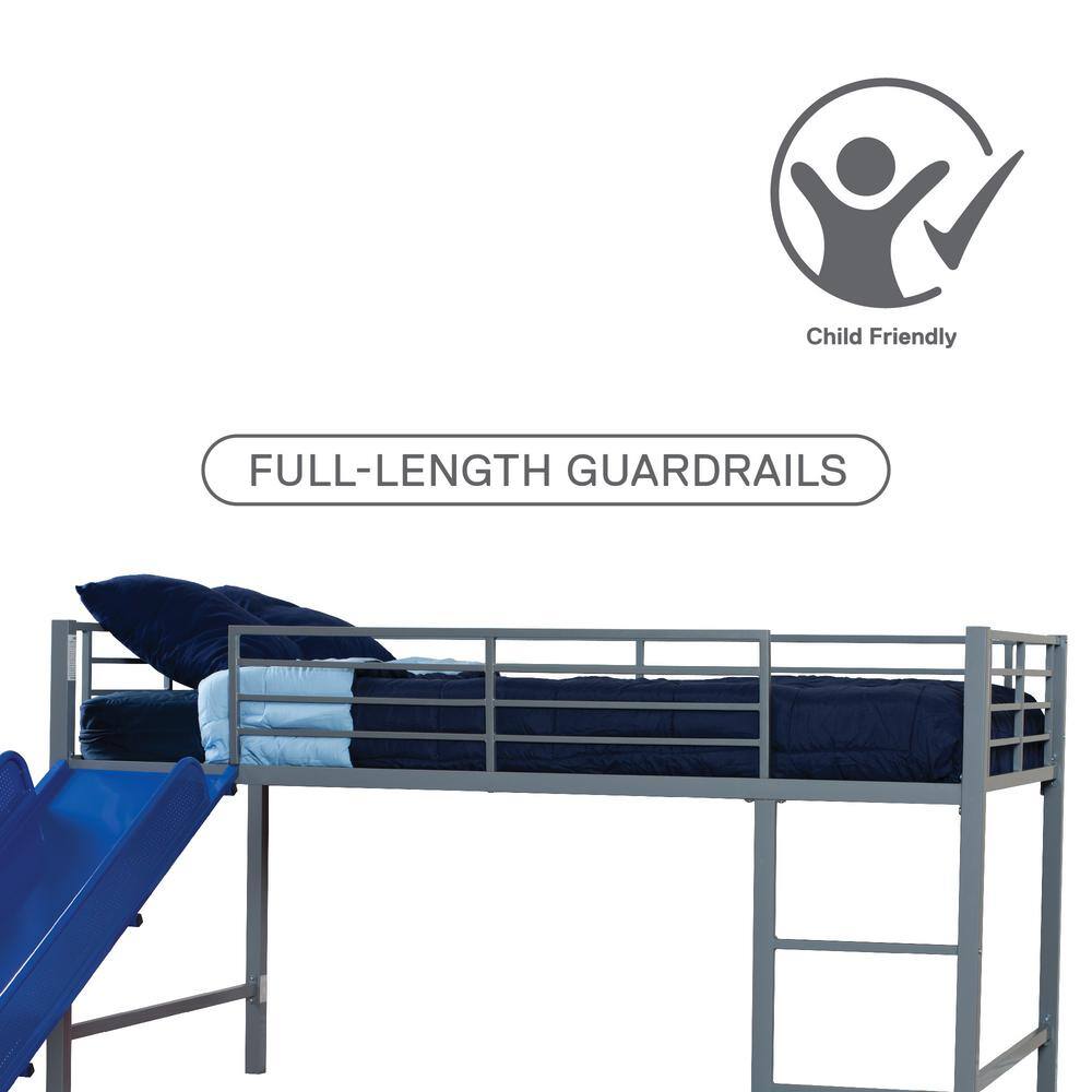 Silver Twin Metal Loft Bed with Blue Slide and Bookcase