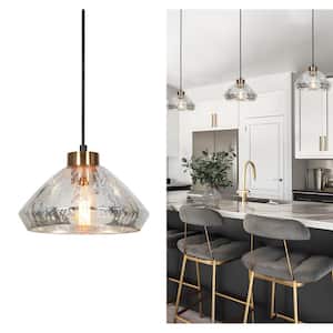 Modern 9.8 in. 1-Light Black and Plated Brass Classic Pendant with Textured Glass Shade Kitchen Island Ceiling Light
