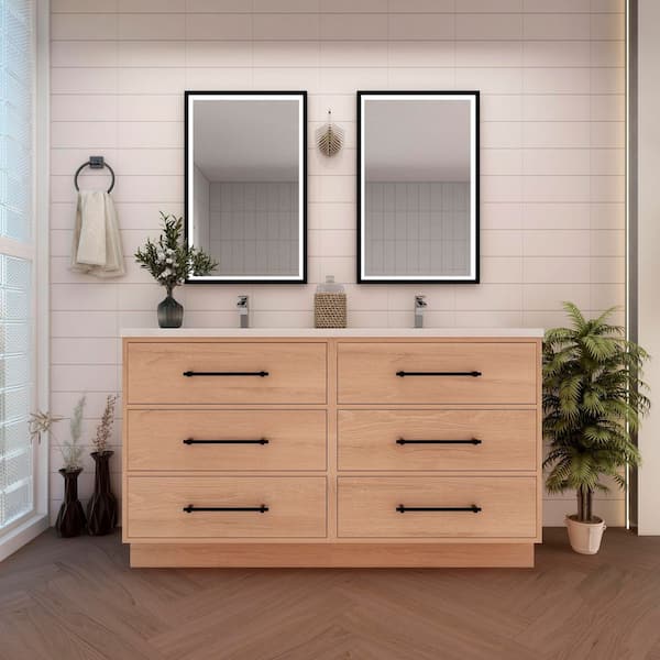 Victoria 47 in. W x 20 in. D x 35 in. H Double Sink Freestanding Bath Vanity in Red Oak with White Acrylic Top