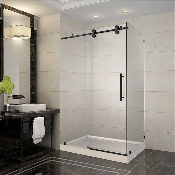 Aston Langham 48 in. x 35 in. x 77.5 in. Completely Frameless Sliding Shower Enclosure in Oil Rubbed Bronze with Left Base