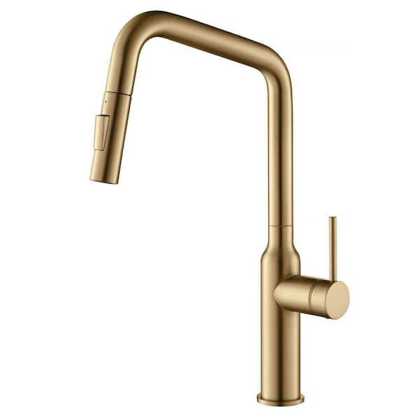 Brushed Brass 17.07 in. H Pull Down Sprayer Kitchen Faucet With 360 ° Spout Swivel