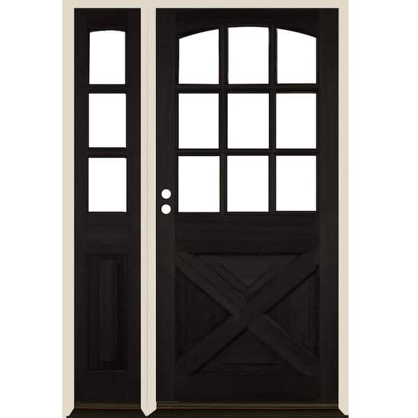Krosswood Doors 50 in. x 80 in. Farmhouse X Panel RH 1/2 Lite Clear Glass Black Stain Hemlock Prehung Front Door with LSL