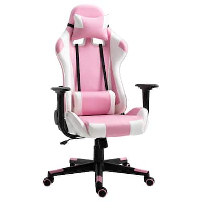 Swivel Pink PVC Leather Reclining Gaming Chair with Headrest Lumbar Support