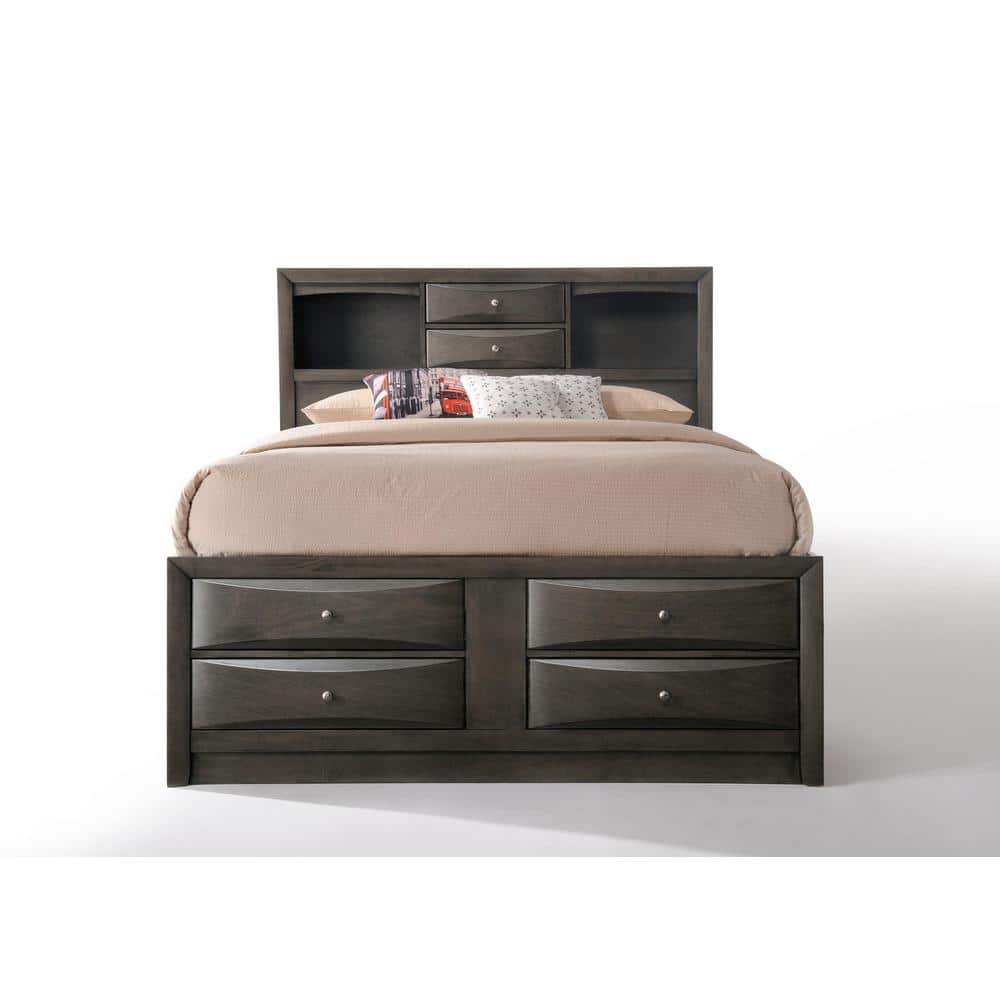 Transitional Gray Oak Queen Bed with Bookcase and Storage Drawers