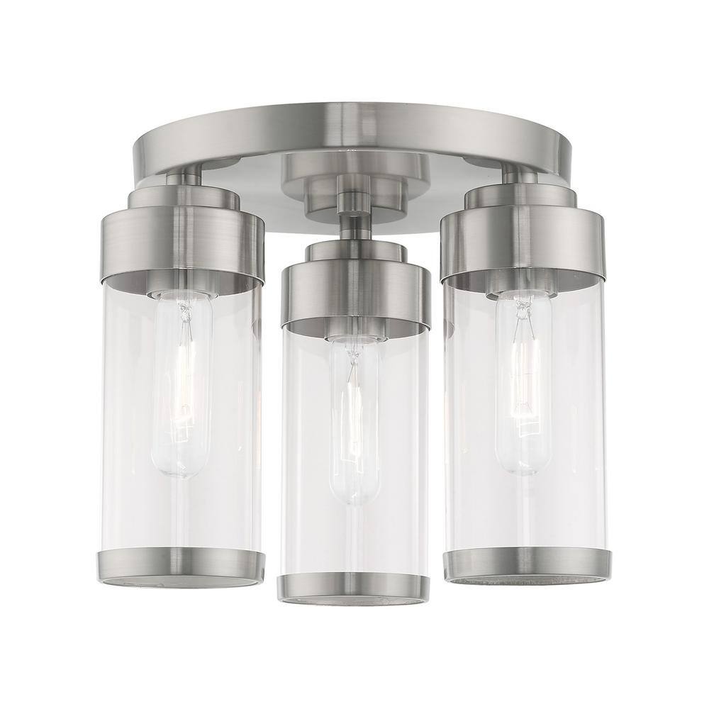 Brushed Nickel 3-Light Flush Mount with Clear Glass Shades