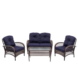 Widely Applicable Brown 4-Piece Wicker Patio Conversation Set with Removable and Machine Washable Navy Blue Cushions