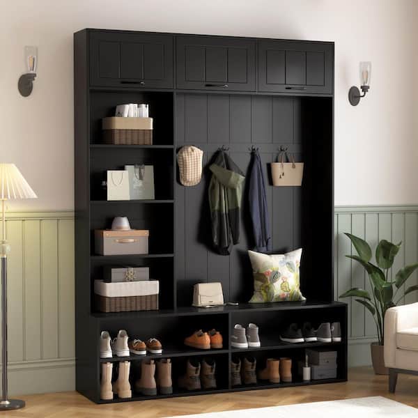 Black Farmhouse 5-in-1 Entryway Hall Tree with 4 Hooks, Bench and Shoe Storage