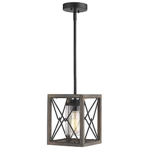 1-Light Wood and Black Farmhouse Caged Chandelier Pendant Light with Metal Shade