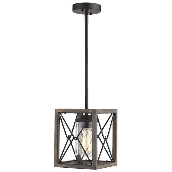 JAZAVA 1-Light Wood and Black Farmhouse Caged Chandelier Pendant Light with Metal Shade