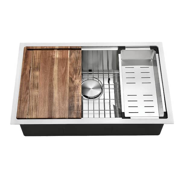 Attop Gray 18-Gauge Stainless Steel 30 in. Single Bowl Undermount Workstation Kitchen Sink with Pull Down Faucet