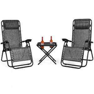 Gray Portable Zero Gravity Reclining Lounge Chairs Table (Set of 3)