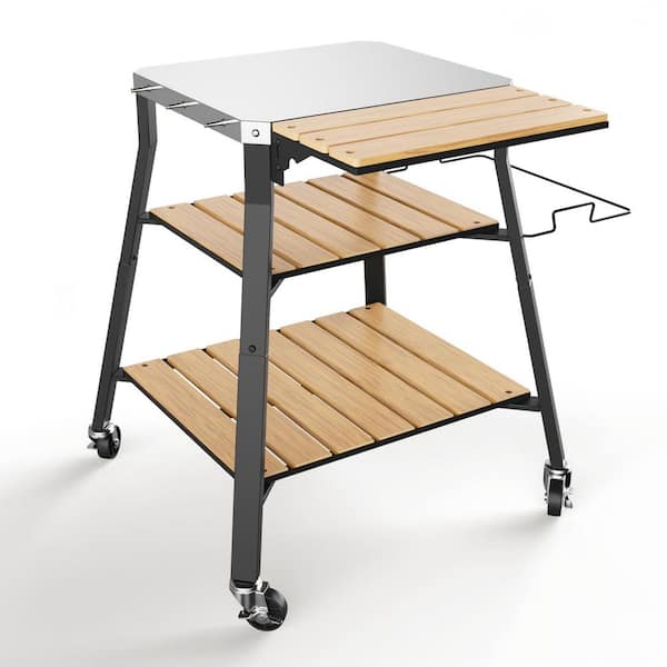 Silver Black Pizza Oven Stand with Wheels Outdoor Prep Table for Grill and Kitchen Work