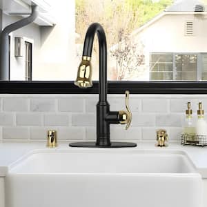 Two Tone Single Handle Deck Mount Pull Down Sprayer Kitchen Faucet with Deckplate and Soap Dispenser and Air Gap Cap