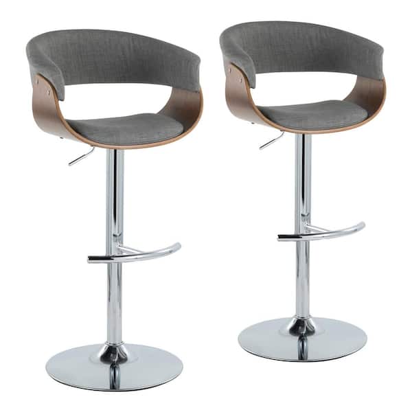 Lumisource Vintage Mod 32 in. Light Grey Fabric, Walnut Wood and Chrome Metal Adjustable Bar Stool Rounded T Footrest (Set of 2)