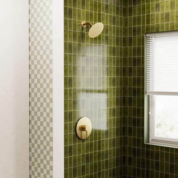 Crozet 1-Spray Patterns with 1.8 GPM 6 in. Wall Mount Rain Fixed Shower Head in Brushed Gold Round Valve Included