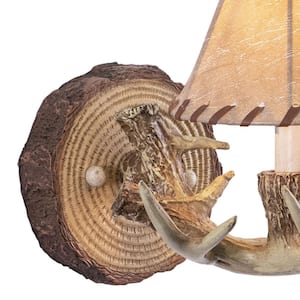 Lodge 1-Light Rustic Wood Antler Armed Wall Sconce Faux Leather Shade