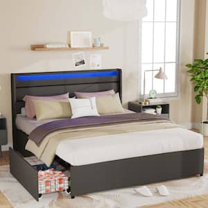 Upholstered Gray Steel Frame Queen Size Platform Bed with Wood Slat, LED Light and 4-Drawers