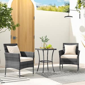3-Piece Wicker PE Rattan Patio Conversation Set with Off White Cushions Tempered Glass Coffee Table