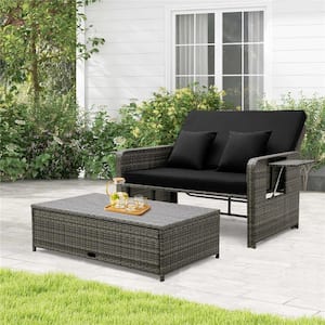 2-Piece Wicker Outdoor Day Bed Set Loveseat Sofa with Ottoman and Retractable Side Tray and Black Cushions