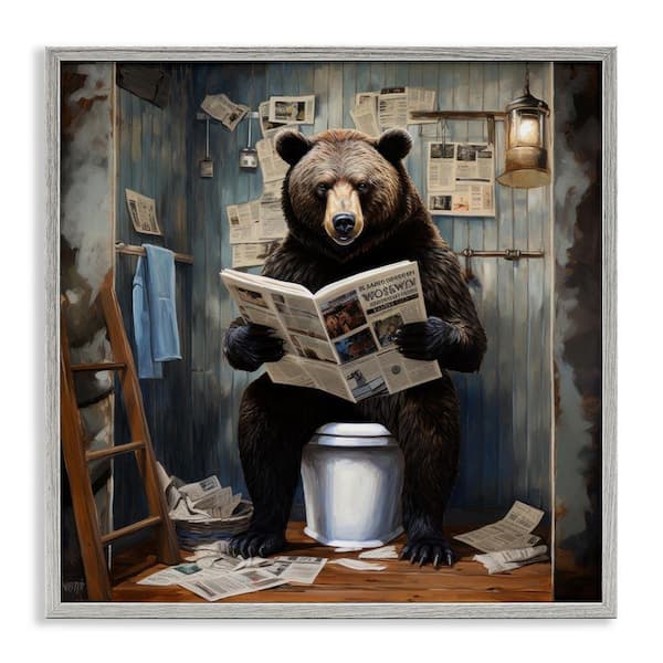 Bear with Newspaper Bathroom by Lazar Studio Gray Framed Giclee Art Print Animal 17 in. x 17 in.