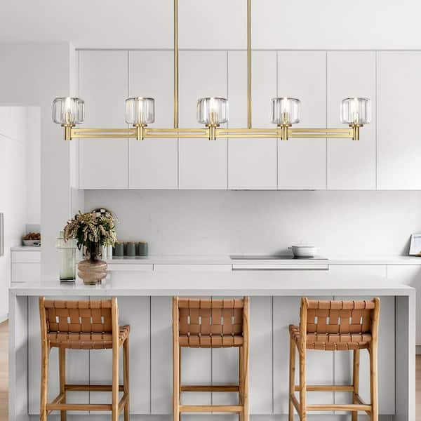 54 in. 5-Light Gold Farmhouse Linear Chandelier with Crystal Lampshade for Dining Room, Living Room and Kitchen Island