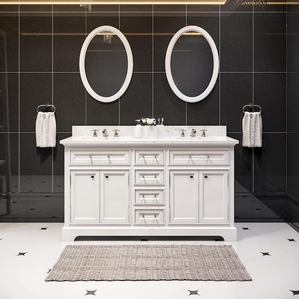 Water Creation 60 in. W x 22 in. D x 34 in. H Bath Vanity in White with Marble Vanity Top in Carrara White with White Basin