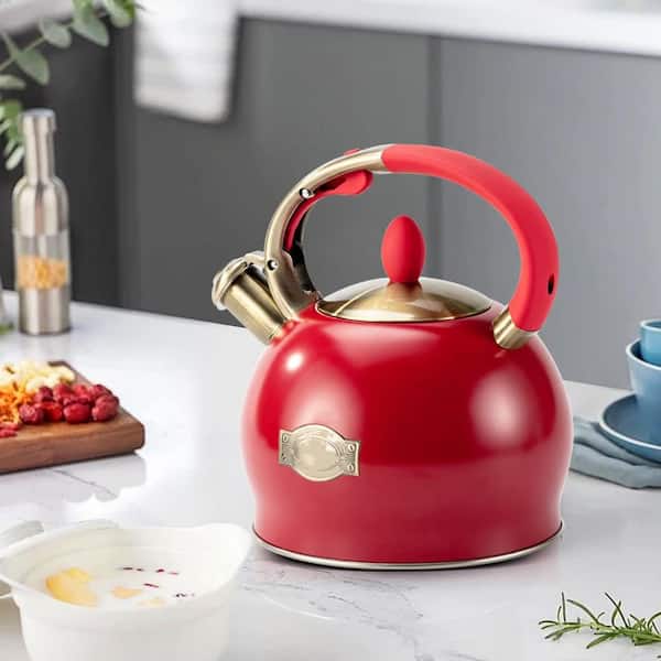 10-Cup Red Stove Top Whistling Tea Kettle, Food Grade Stainless Steel with Cool Touch Handle, Fast Boiling